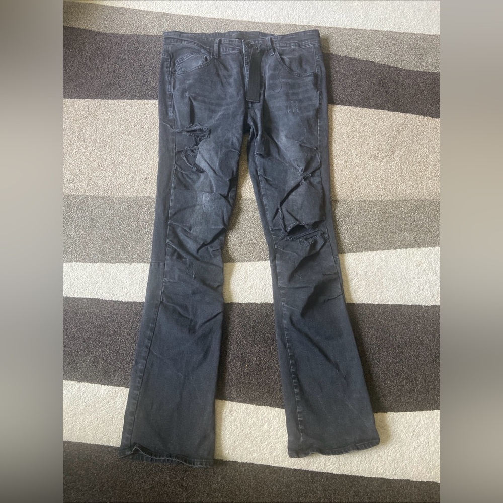 KDNK 1141411 Mens Size XL 36x32 Distressed Slim Fit Skinny Ribbed Black Jeans